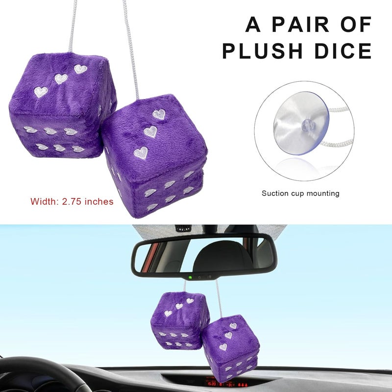 ZNDAW 2 PCS Fuzzy Plush Dice for Car Mirror, 2.75" Retro Square Heart Shape Car Rearview Mirror Cute Decor, Fluffy Dice Vehicle Hanging Ornament Decoration Interior for Women (Purple) - Image 2